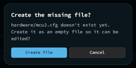 A dialog offers to create the missing file so it can be edited