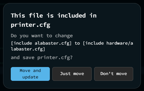 A dialog asks whether to update the include line to the file's new path, just move it, or not move it