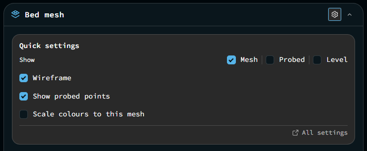 The Bed mesh quick settings, toggling the mesh/probed/level layers, the wireframe, probed points, and per-mesh color scaling