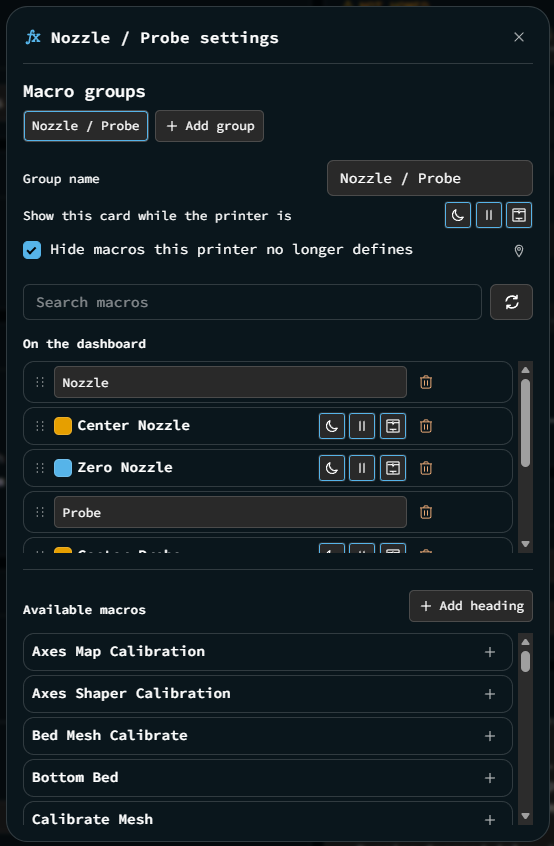The macro settings pane with a list split into Nozzle and Probe headings