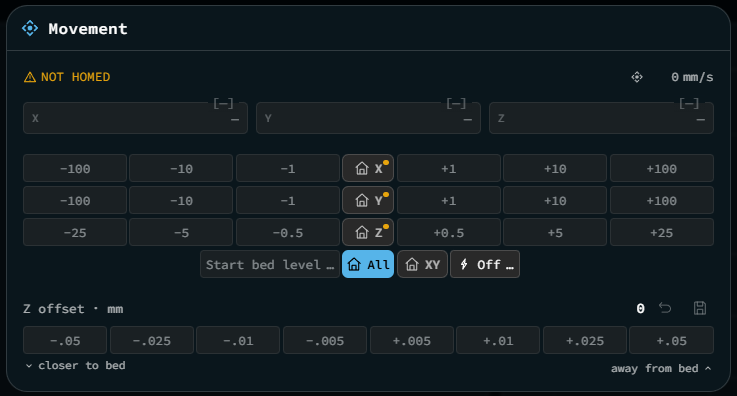 Home all, home X/Y, a bed level shortcut, and motors off sitting together under the jog buttons