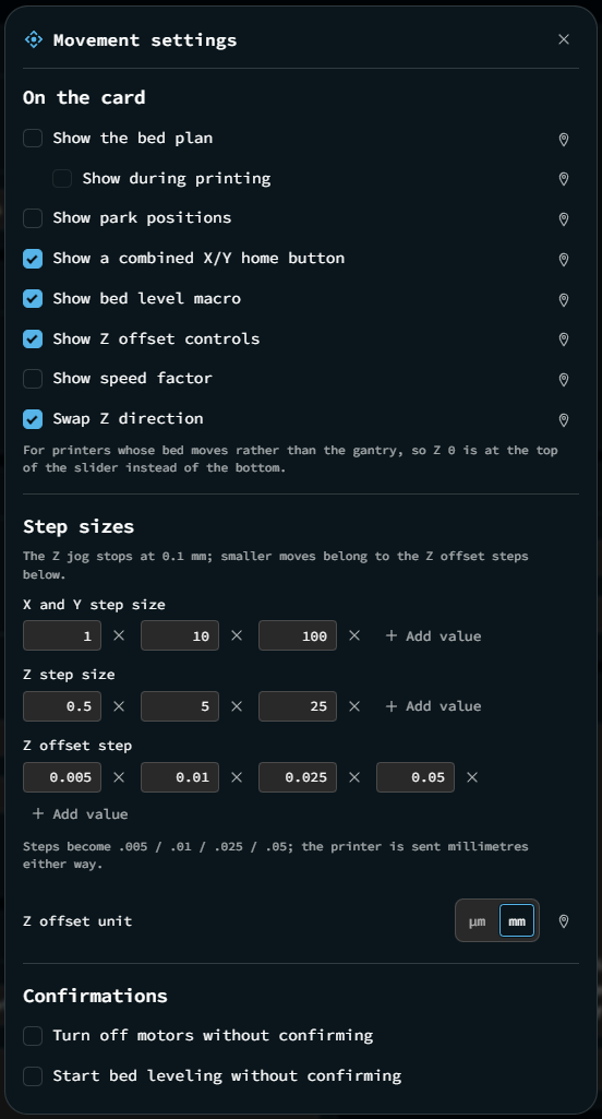 The Movement settings pane, with editable step-value lists, Z offset steps, and confirmations