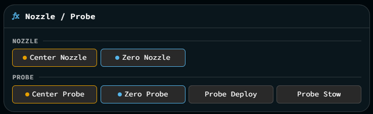 A Nozzle/Probe macro group on the dashboard, split into Nozzle and Probe headings